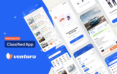 Classified App UI Kit - Free Figma android blue classified ecommerce figma homepage ios login mobile mobile design modern splash ui
