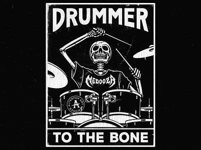 DRUMMER TO THE BONE alterfan alterfan art artist brand branding clothing coverart design drummer illustration illustrator merch music music band skeleton skull vector