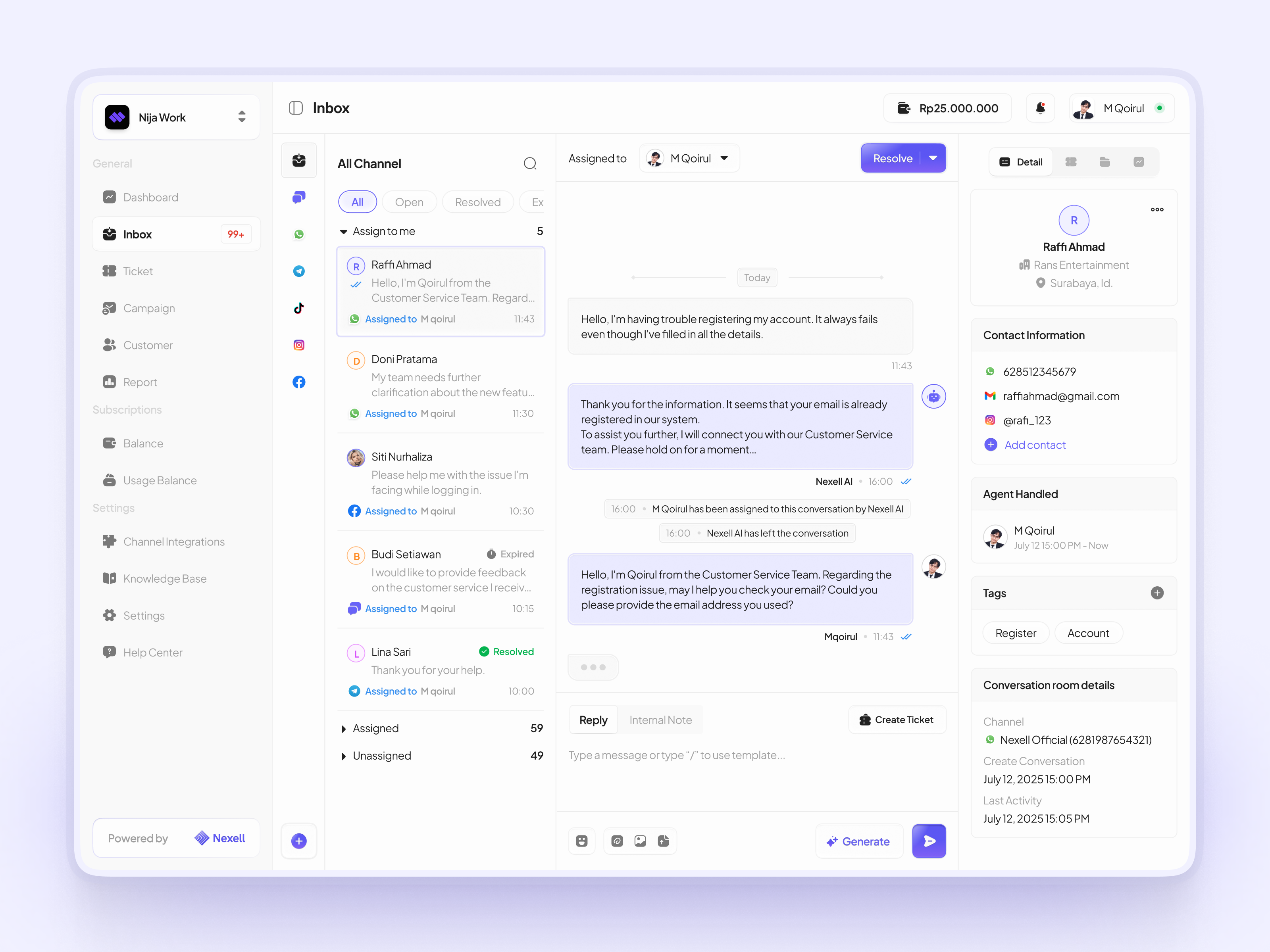 Nexell - Omnichannel Chatting Dashboard channel chatting conversation customersatisfaction dashboard inbox live chat livechat management omnichannel omnichannelsupport pop up search