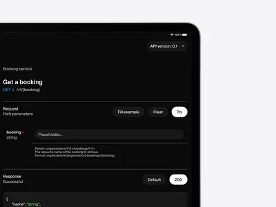 Elegant API Interface for Booking api design api explorer booking system clean ui code interface dark interface developer tools form input microinteractions ux modern panel request preview request response structured layout system ui technical ui design user flow ux clarity ux design