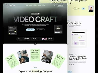 VideoCraft – AI Video Generator Landing Page for SaaS & Content ai tools design ai video landing page content creator landing page creative tool ux dark mode saas graphic design high converting design landing page modern motion graphics no code marketing page podcast tool ui saas website design shopify shopify. startup landing page ui design for ai tools video creation saas webflow saas website design