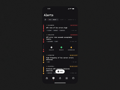 Dark Mode Alert Manager alert manager app design app interface clean interface critical alerts design inspiration mobile concept mobile interface mobile ux modern layout notification center product design system monitoring ui concept ui design user interface ux concept ux design