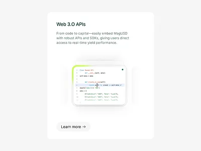Web3 API Integration Interface api design capital flows clean components code snippet coding platform crypto tools data access embedded system fintech ux integration interface interface component modular layout real time ui sdk integration smart ui web3 api web3 interface yield tracking