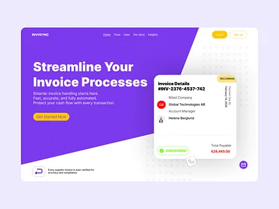 InvoSync — Smart Invoice Landing Page UI creative figma illustration landing page minimal modern ui saas website startup ui ux web design