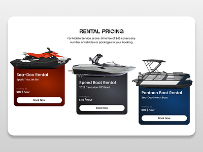 Price Tiers for Boat Rental Booking Website Section boat book booking branding compare cta figma graphic design illustration landing page modern options price pricing rent rental tiers ui vehicle