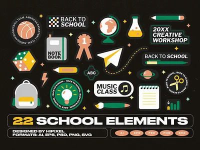School Elements & Badges backtoschool badges basketball chalk classroom creative education education illustration idea learning notebook pen pencil schollbag school sticker student teacher