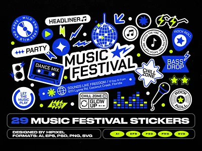 Music Festival Stickers & Elements badges ball cassette dance disco dj event festival microphone music neon nightlife octoberfest party sticker stickers vibes