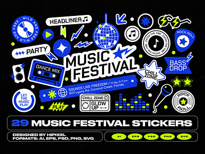 Music Festival Stickers & Elements badges ball cassette dance disco dj event festival microphone music neon nightlife octoberfest party sticker stickers vibes