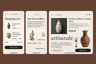 Minimalist Mobile UI for Artisan Home Decor Shopping App 3d animation artisan brand branding cardboard design direction graphic design home illustration logo marketplace mobile motion graphics shopping ui