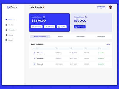 Zentra Dashboard banking dashboard budget tracking dashboard design dashboard ui finance online banking spending student dashboard uiux uiux design website