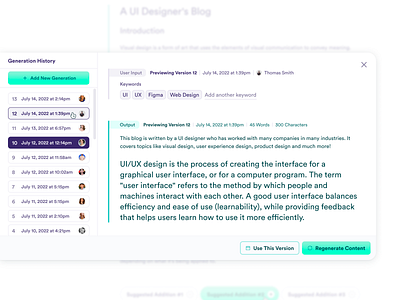 copy.ai Generation History ai app artificial intelligence b2b b2c branch content copyai design generate generated gradient history minimal saas ui ux web web app writing