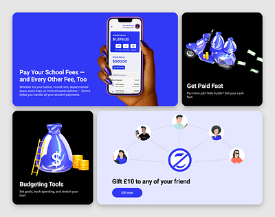 Zentra website featured section banking bento bento grid cards dashboard finance landing page online banking section student ui design uiux website