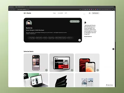 Nunio – Minimal Portfolio Template for Framer (Freebie) cleanui creative design figma framer free freebie landing minimal modern personal portfolio project responsive showcase template ui ux web website
