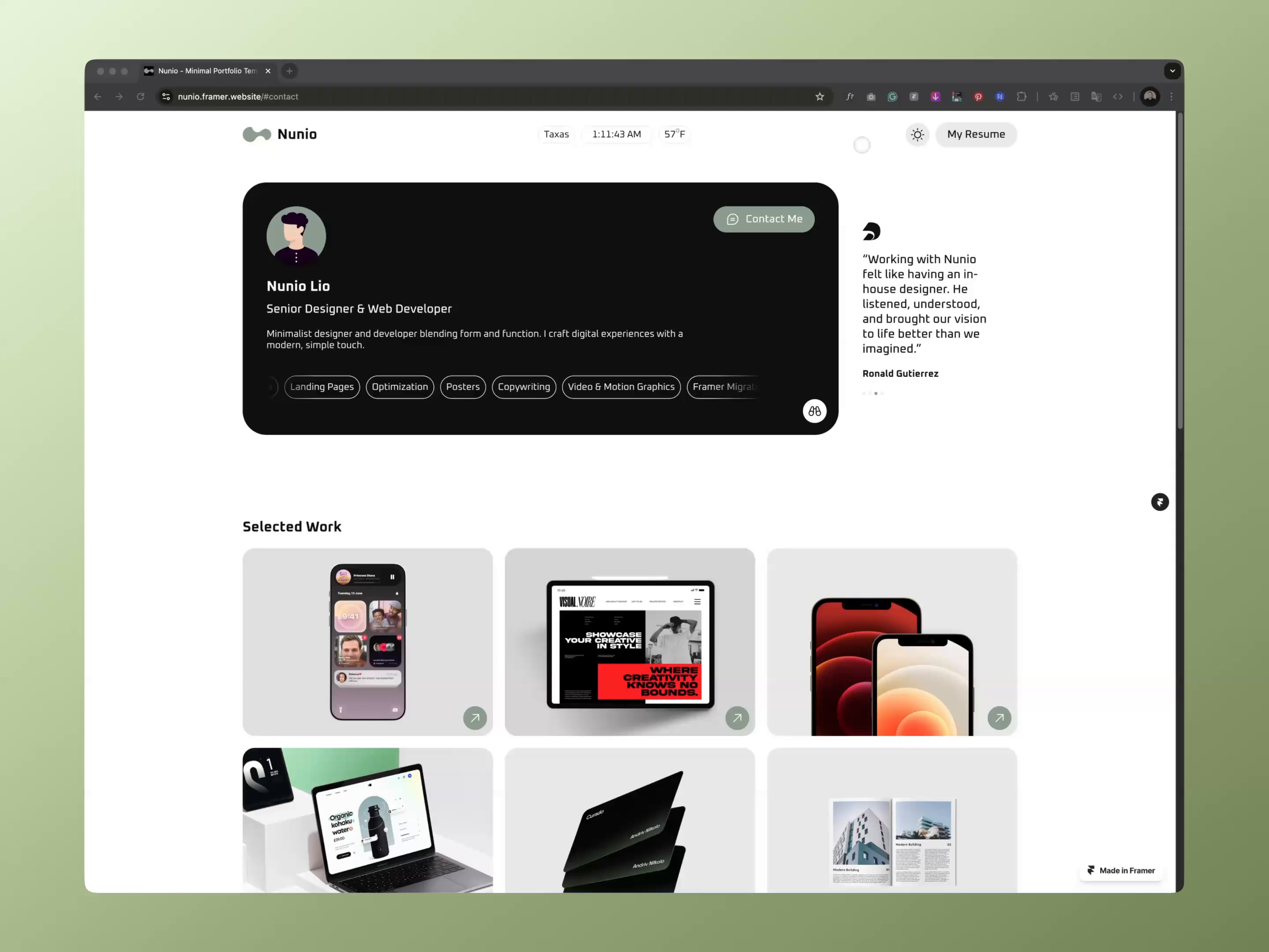 Example of Nunio – Minimal Portfolio Template for Framer (Freebie)