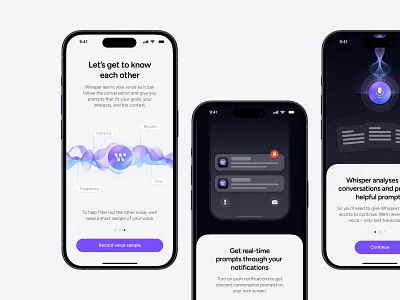 Whisper – Onboarding Screens adaptive ai ai assistant app design fintech mobile mobile app onboarding onboarding screen responsive saas ui ux uxui
