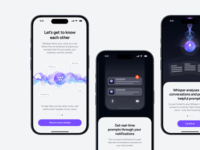 Whisper – Onboarding Screens adaptive ai ai assistant app design fintech mobile mobile app onboarding onboarding screen responsive saas ui ux uxui