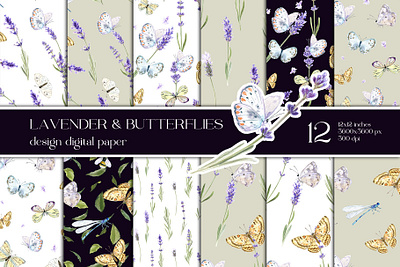 Watercolor Lavender, Butterflies Seamless pattern 3d animation graphic design motion graphics