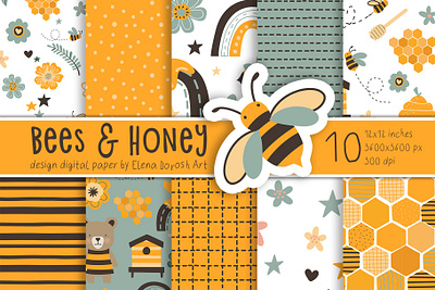 Bees, Honey Cartoon Digital Paper Pack Kids Scrapbook Paper 3d animation graphic design ui