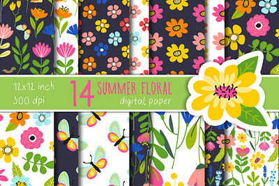Summer Floral Digital Paper Flowers Scrapbook Paper pattern 3d animation graphic design motion graphics