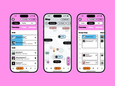 Designing for Music Lovers - Festival App 🎵 🎶 branding concert dashboard event festival homepage illustrations list location map music navigation playfull program schedule success state timeline ui