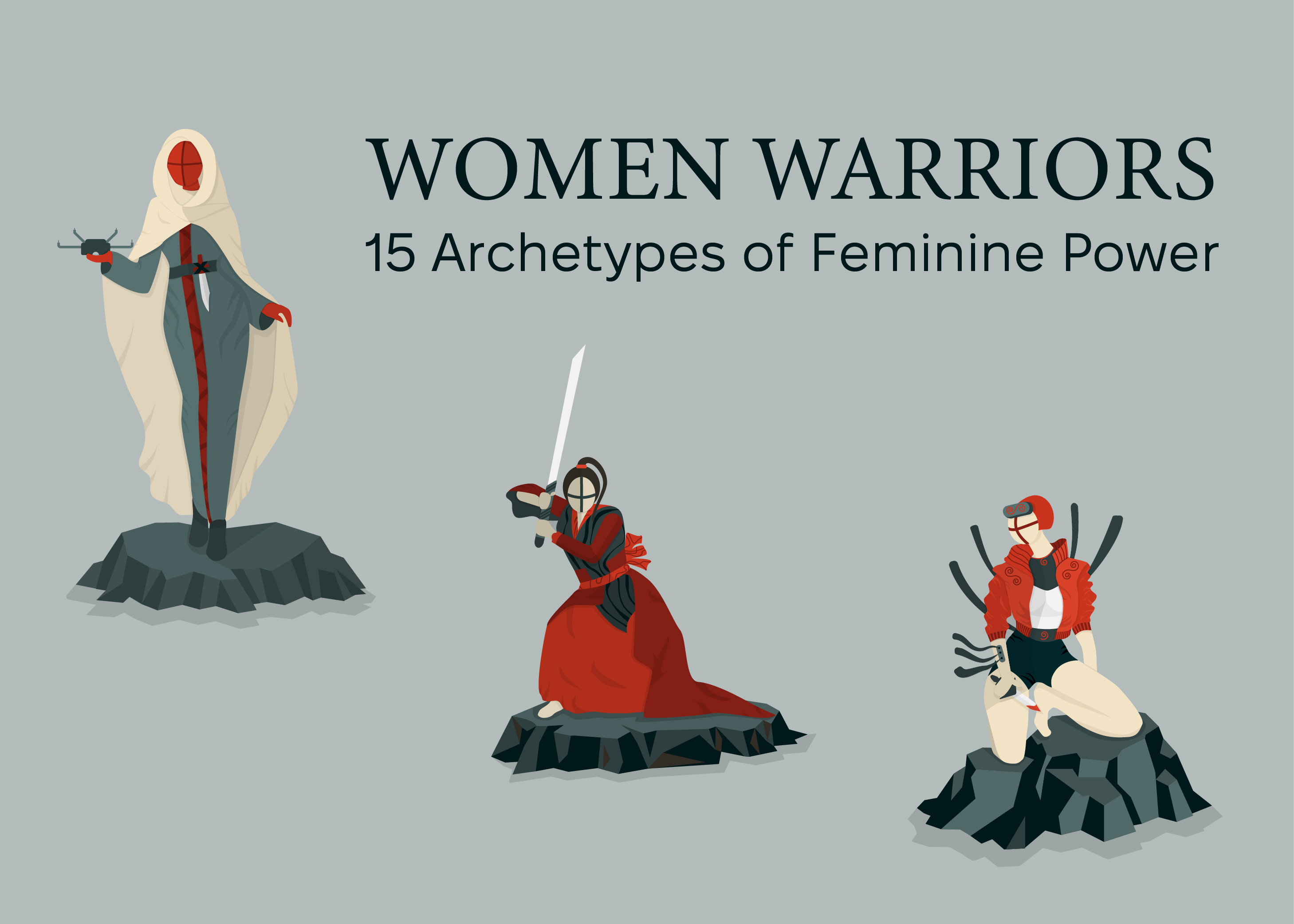 WOMEN WARRIORS: 16 Archetypes of Feminine Power character design character illustration concept art digital art flat illustration history knife vector vector art vector illustration warrior illustration weapon woman woman illustration woman warrior