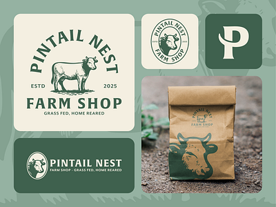 Pintail Nest Farm Shop badge branding cow farm green icon illustration logo mark mockup rustic shop type vector vintage
