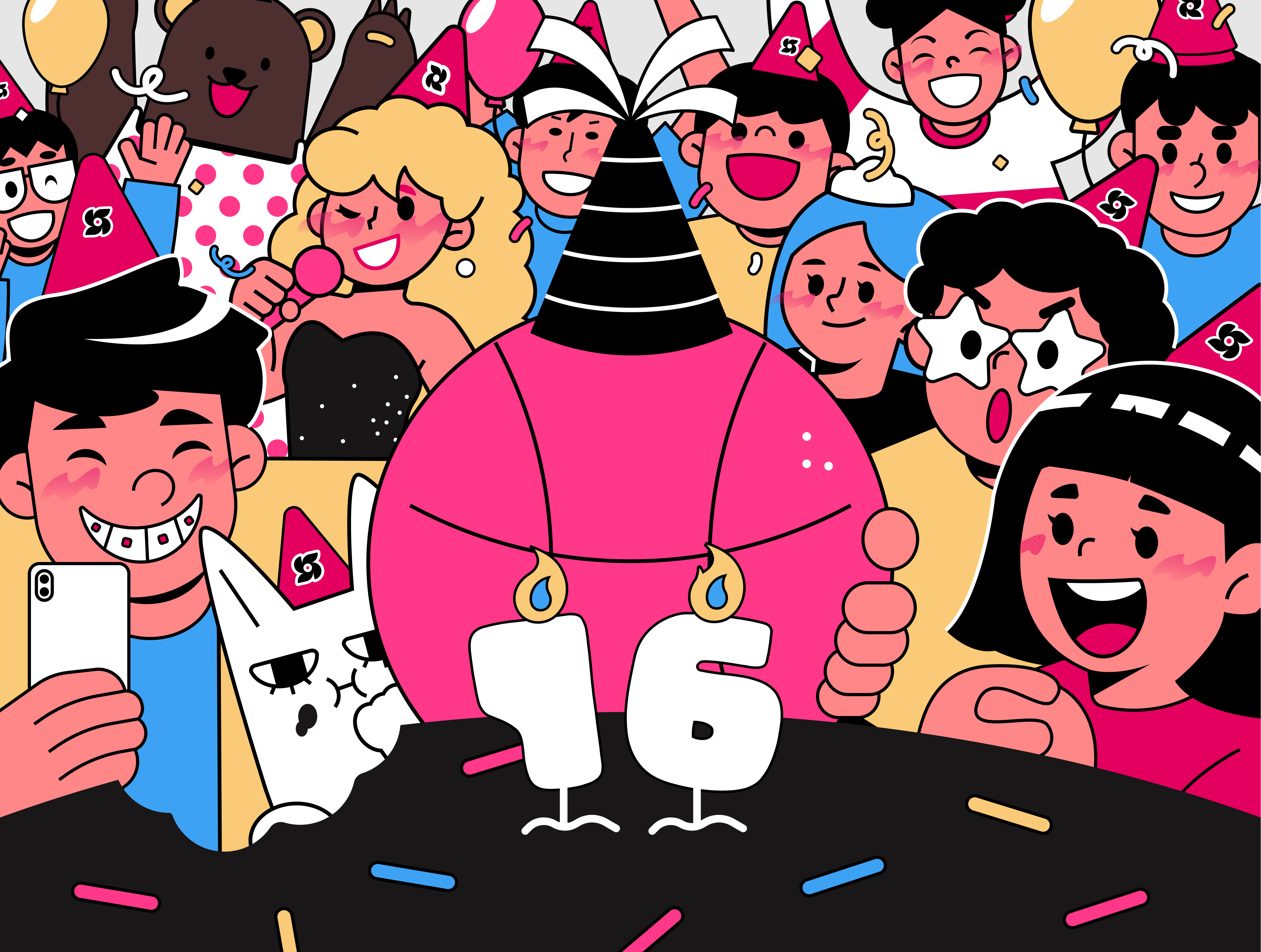 Dribbble's 16th Anniversary Party! anniversary cartoon colorful graphic design illustration party playful vector