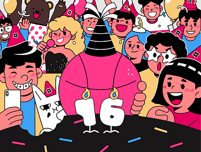 Dribbble's 16th Anniversary Party! anniversary cartoon colorful graphic design illustration party playful vector