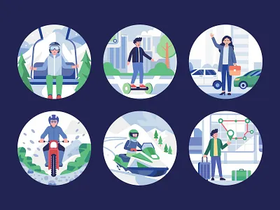 Transport Illustration Art Set bike bus car delivery design illustration journey logistics mobility plane ride road scooter ship traffic transport travel truck vector vehicle