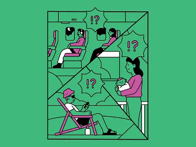 When you're offline but your inbox isn’t adobe baby beach characterdesign charcter comic green illustration illustrator line linework mom muti pink plane vector