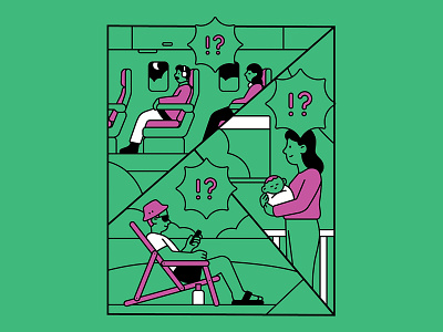 When you're offline but your inbox isn’t adobe baby beach characterdesign charcter comic green illustration illustrator line linework mom muti pink plane vector
