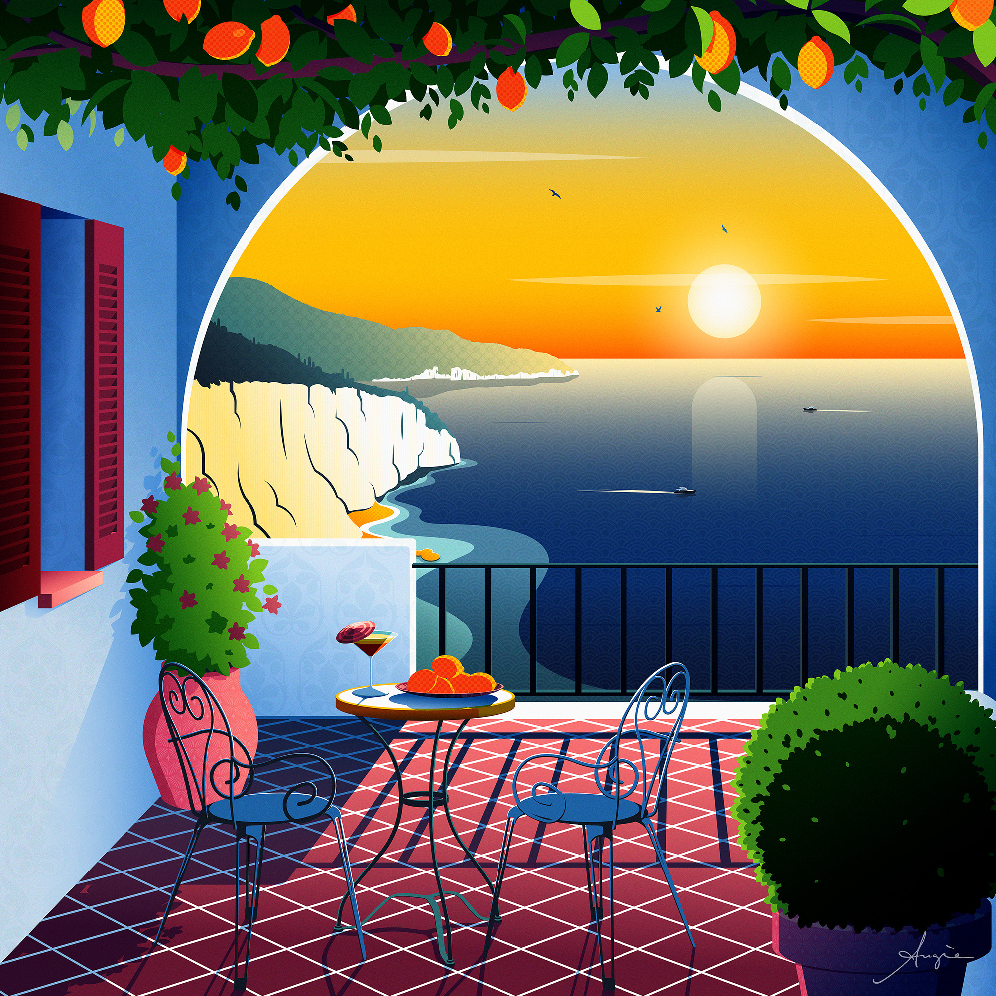 "Summer Vibes" - Daily Art adobe illustrator blue capri contrast daily art digital art dolce vita gradients illustration islands italy landscape sunset vector vector illustration