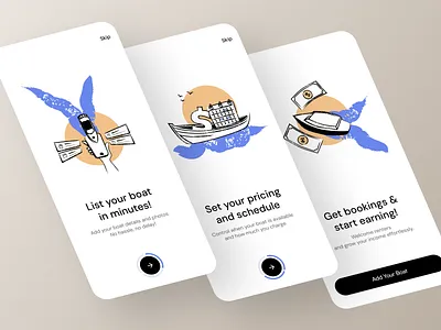 Boat Renral - Mobile App app boat design graphic design illustration minimal mobile onboarding rent ui ux walkthrough