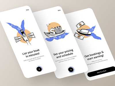 Boat Renral - Mobile App app boat design graphic design illustration minimal mobile onboarding rent ui ux walkthrough