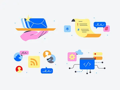 Buttondown Product Illustrations p.2 art blog brand branding character colorful design email flat icons illustration illustrator letter newsletter product set website writing