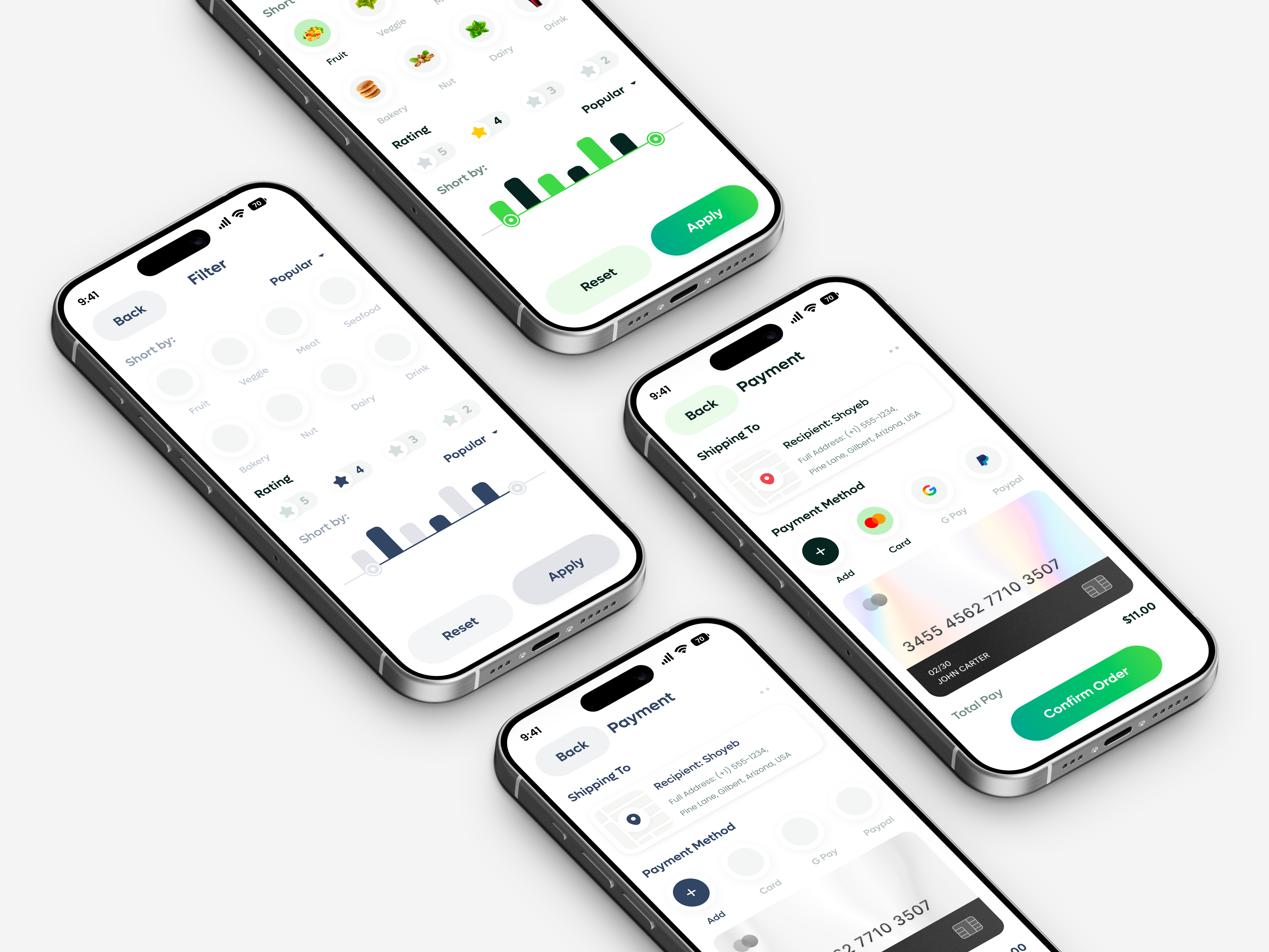 Grocery Mobile App - Filter / Payment Screen app design card ui checkout flow clean design design veli ecommerce app filter screen food app ui grocery app grocery ui minimal ui mobile app mobile ui payment gateway payment ui product filter ui shopping app shoyeb ui design ux design