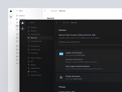 Dark and Light theme for Security Settings UI ai blur clean dark dashboard design system figma light manager platform saas settings sidebar soft ui uidesign ux web app web design website
