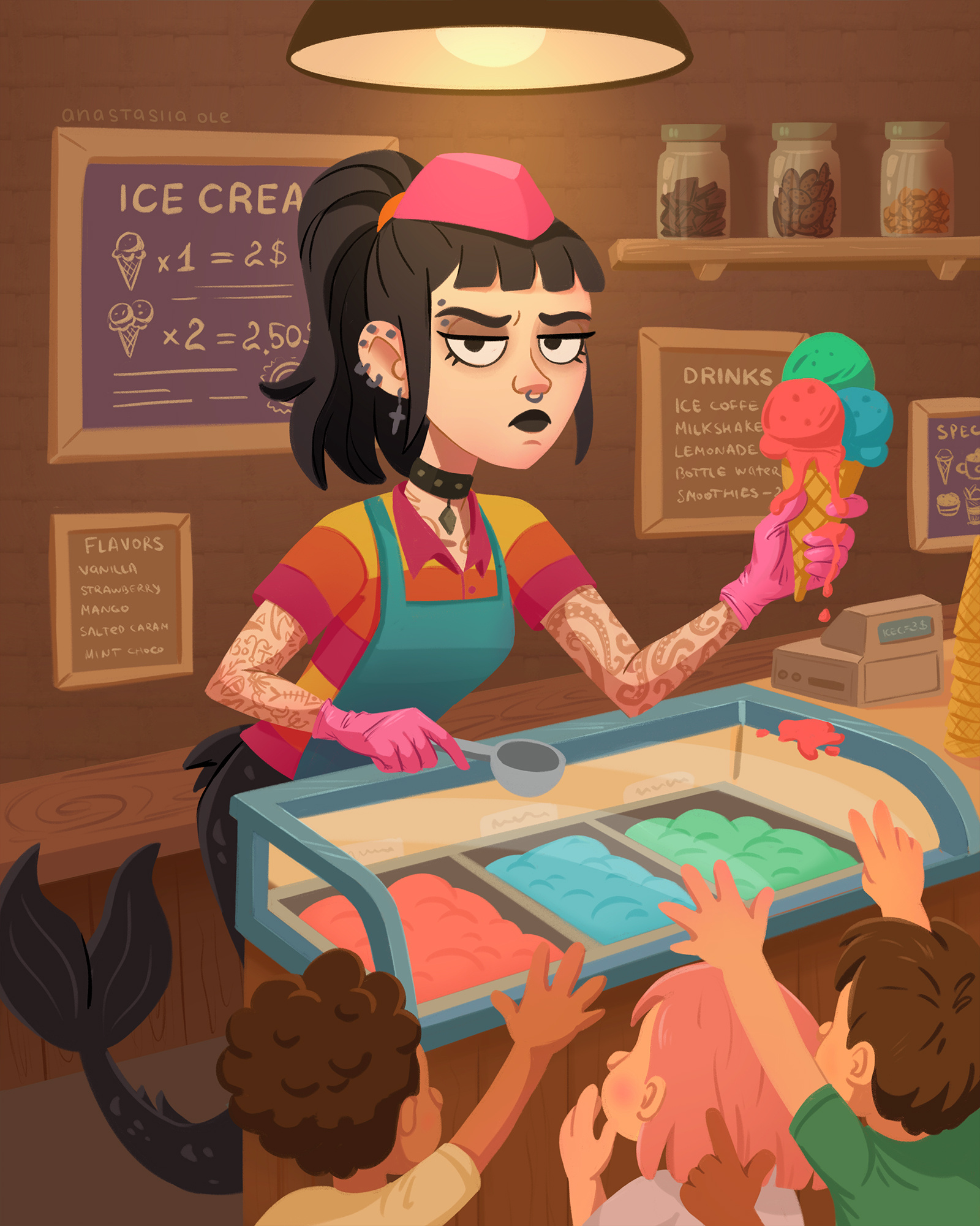 Character design of mermaid, Ice cream vendor, illustration 2d book illustration character character design characterdesign children children book illustration ice cream vendor illustration lady mermaid