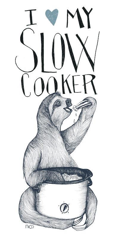 I love my slow cooker illustration pen and ink sloth