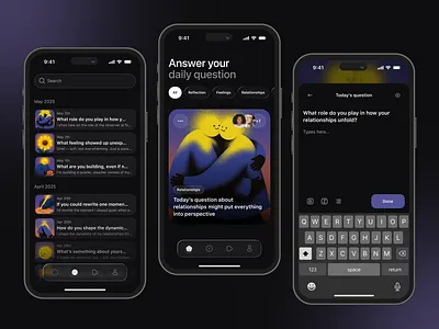 Daily Reflection App — 1 Card, 1 Question, Every Day appdesign cleandesign mentalhealth mindfulness minimalui mobileapp productdesign reflection selfcare ui uidesign wellnessapp