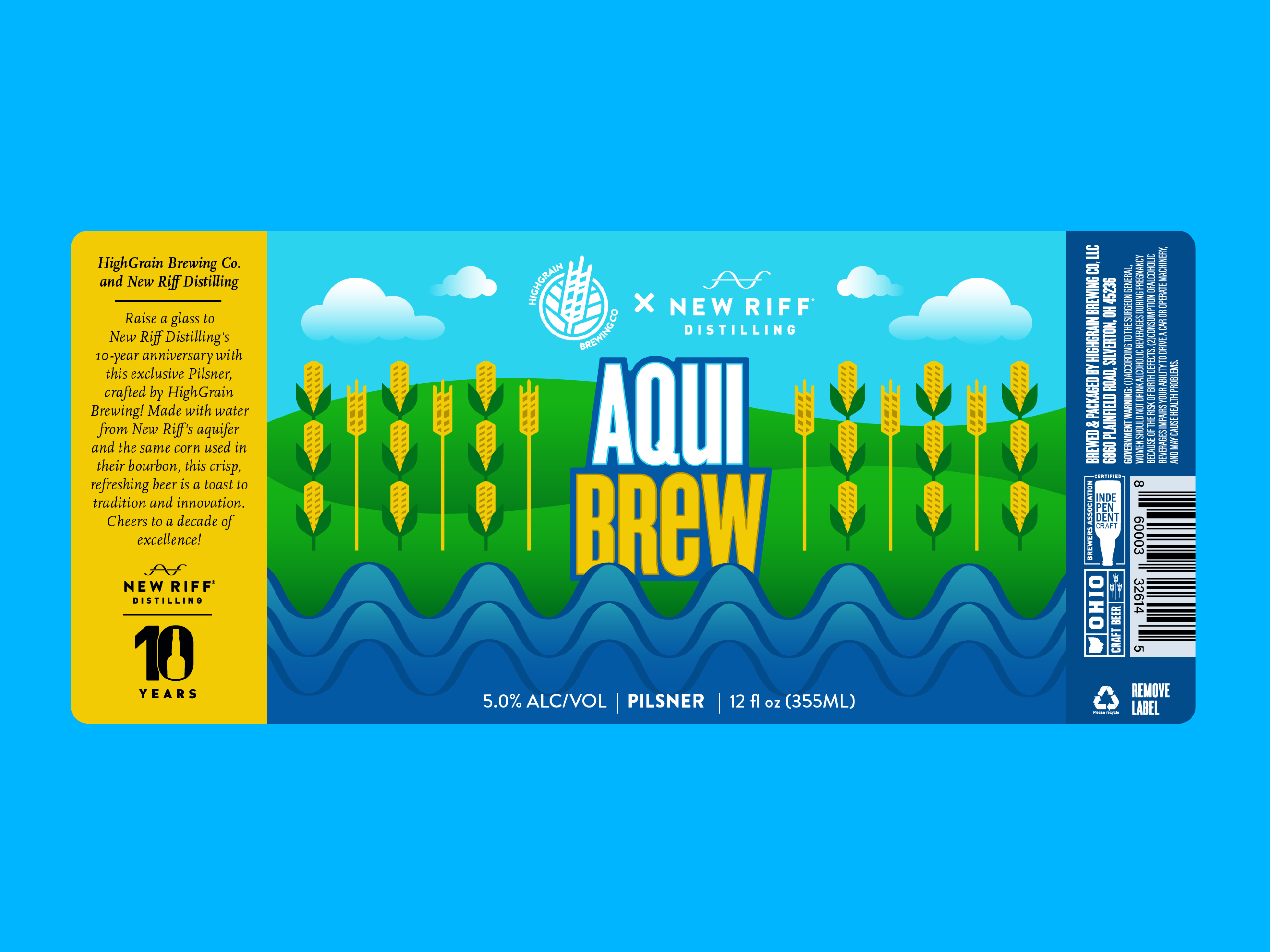 AquiBrew Beer Label | New Riff Distilling alcohol badge beer bourbon branding brewing corn distilling drawing grain graphic design icon illustration label logo minimalism packaging print water whiskey