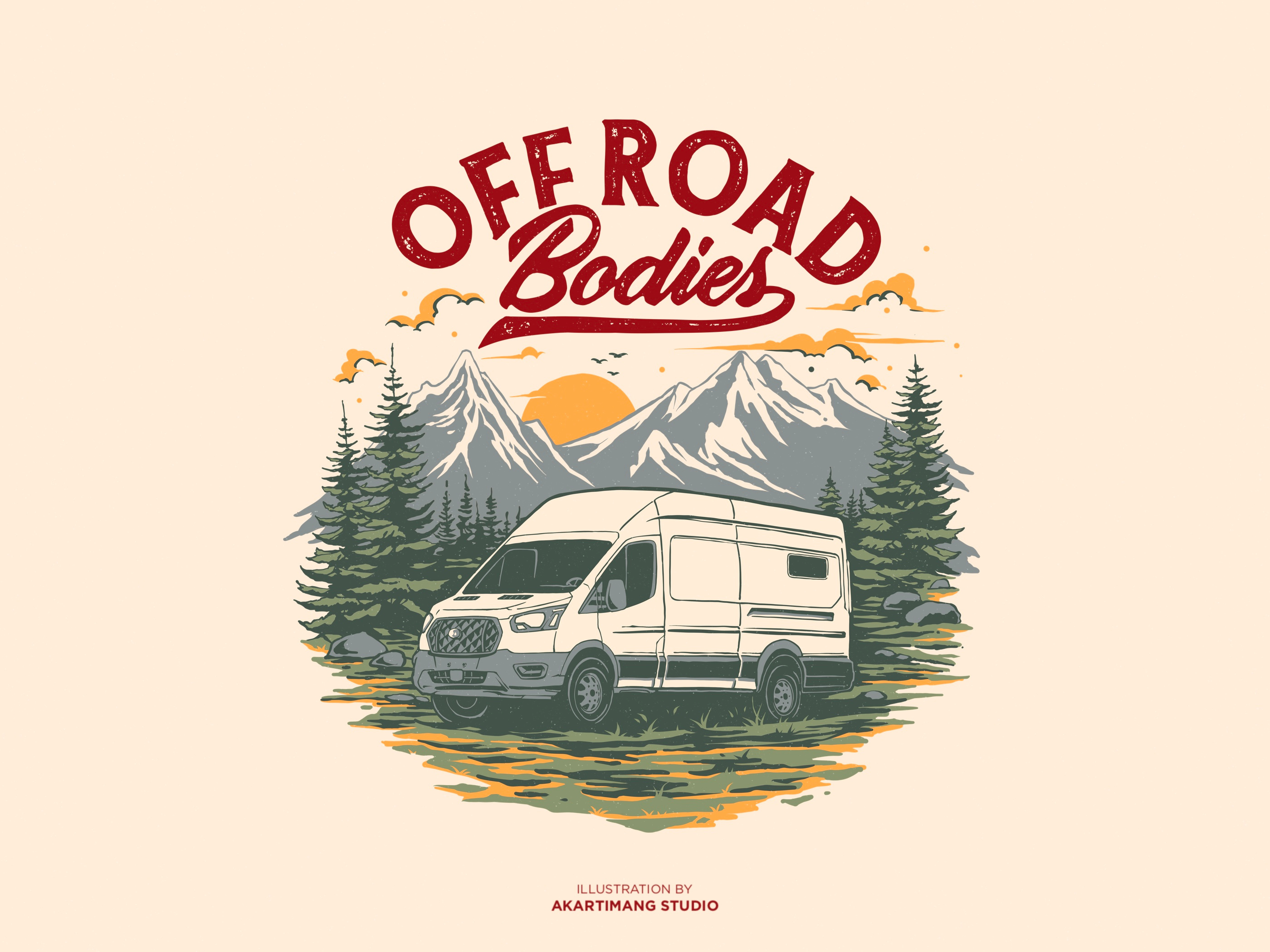 OFF ROAD BODIES campervan design digitalillustration handdrawn illustration logo mountain nature outdoor tshirt design vintage vintage design vintage logo
