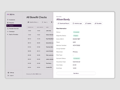 Healthcare Eligibility Dashboard UI Design clean layout component structure data table eligibility check healthcare interface medical platform minimal ui modern design patient details product design profile card provider portal ui design user interface ux dashboard ux design white panel workflow screen