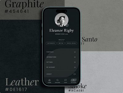 Dark themed user account page design graphic design mobile ui
