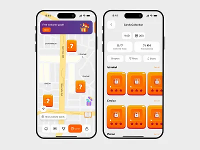 Card Hunt App – Gamified Map & Collection UI Design appdesign cardcollection cleanui gameui gamification interactivedesign iosdesign locationbasedapp mapinterface mobileapp modernui rewardsystem uidesign uxdesign