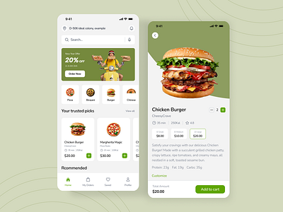 Food Delivery App UI – Home & Product Detail Screens