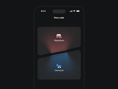 Pick a side — selection screen app design blur choose clean clean design creative demographic figma graphic design illustration mobile onboarding pick politics realistic rebuttal app republican selection ui usa