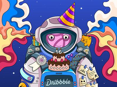 Dribbble's Sweet 16 art astronaut birthday cartoon character comsos doodle dribbble graphic design illustration sweet 16