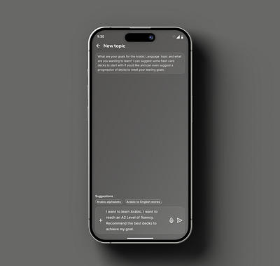 New topics ai assistant app interface chatbot interface clean interface conversational ui dark theme education ux goal setting app input interaction language learning learning app ui minimal ui mobile ui onboarding screen prompt design smart assistant user input ux patterns voice input ui voice to text