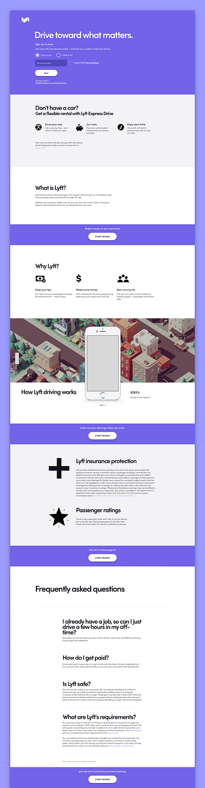 Lyft Driver Web Sign Up Landing Page Intermittent CTA Experiment button car conversion cta depth dog drive driver earn experiment growth landing page lyft rideshare scroll sign up start test web website